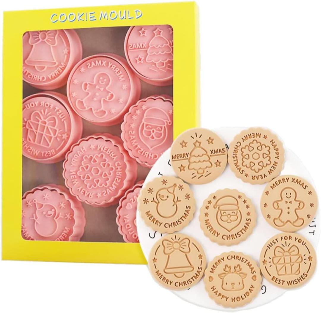 8 Pieces Round Christmas Cookie Cutter Cookie Moulds For Baking Cookie Mould Press Christmas Cookie Mould Set Kitchen Tools Plastic Cookie Stamps (Christmas B)