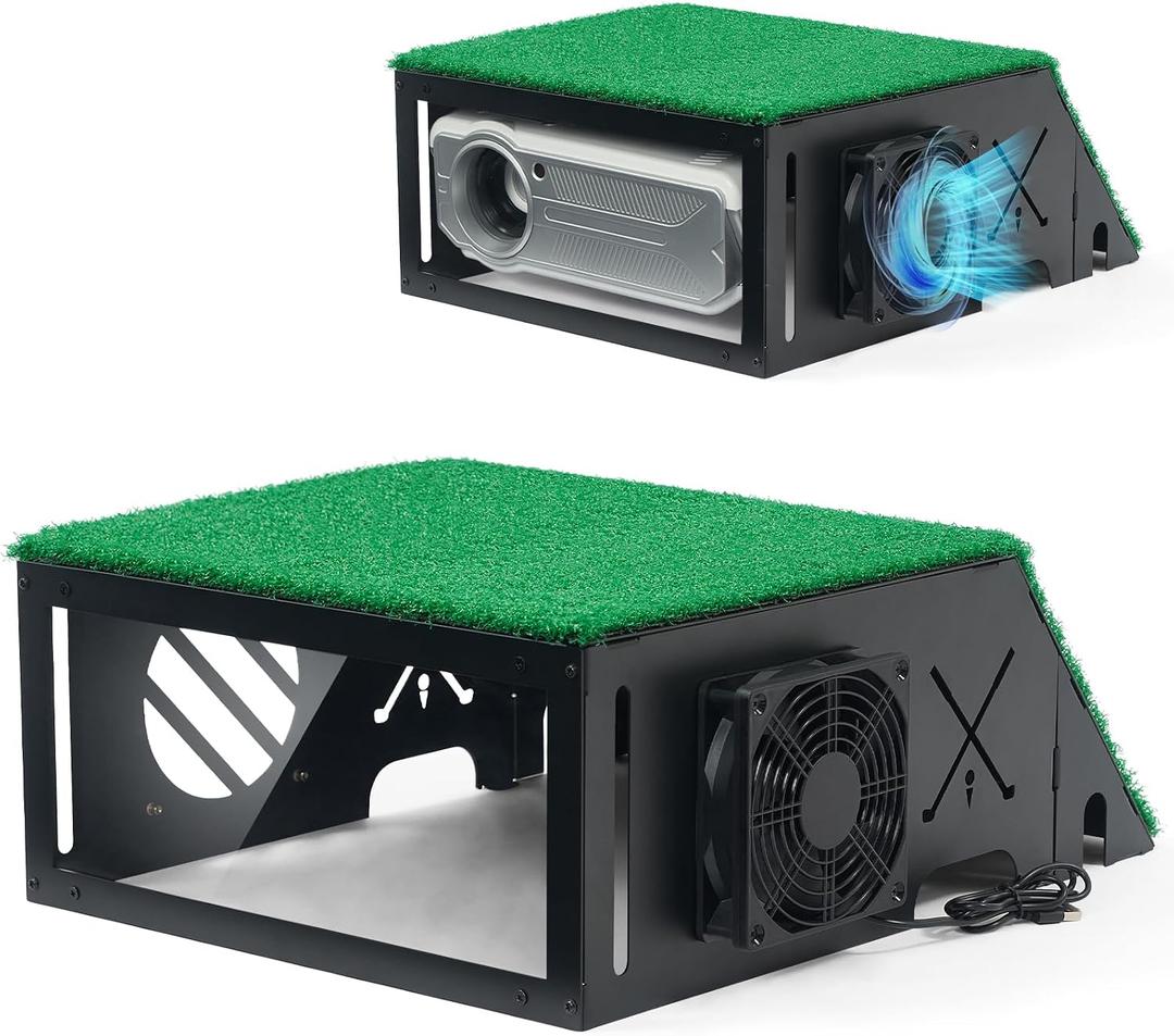 Golf Simulator Projector Cover, Heavy Duty Floor-Mounted Projector Enclosure with Cooling Fan& Artificial Turf-Total Protection for Your Golf Simulation, 13.7"L x 12.2"W x 6.3"H