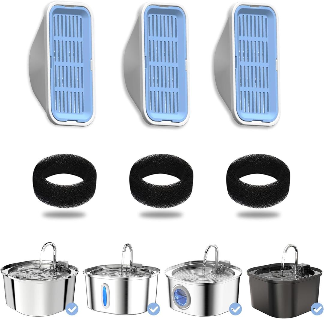 PEKTACO Cat Water Fountain Filters Replacement & Pre-Filter Sponges for 3.2L/108oz Automatic Pet Fountain, Dog Water Dispenser (3 Filters+3 Sponges)