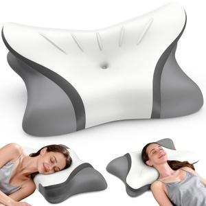 Cervical Neck Pillow for Pain Relief, Bed Pillows for Sleeping, Ergonomic Cooling Pillow, Orthopedic Contour Pillow for Side Back Stomach Sleepers,Neck Support Memory Foam Pillows with Pillow Covers (White&grey)