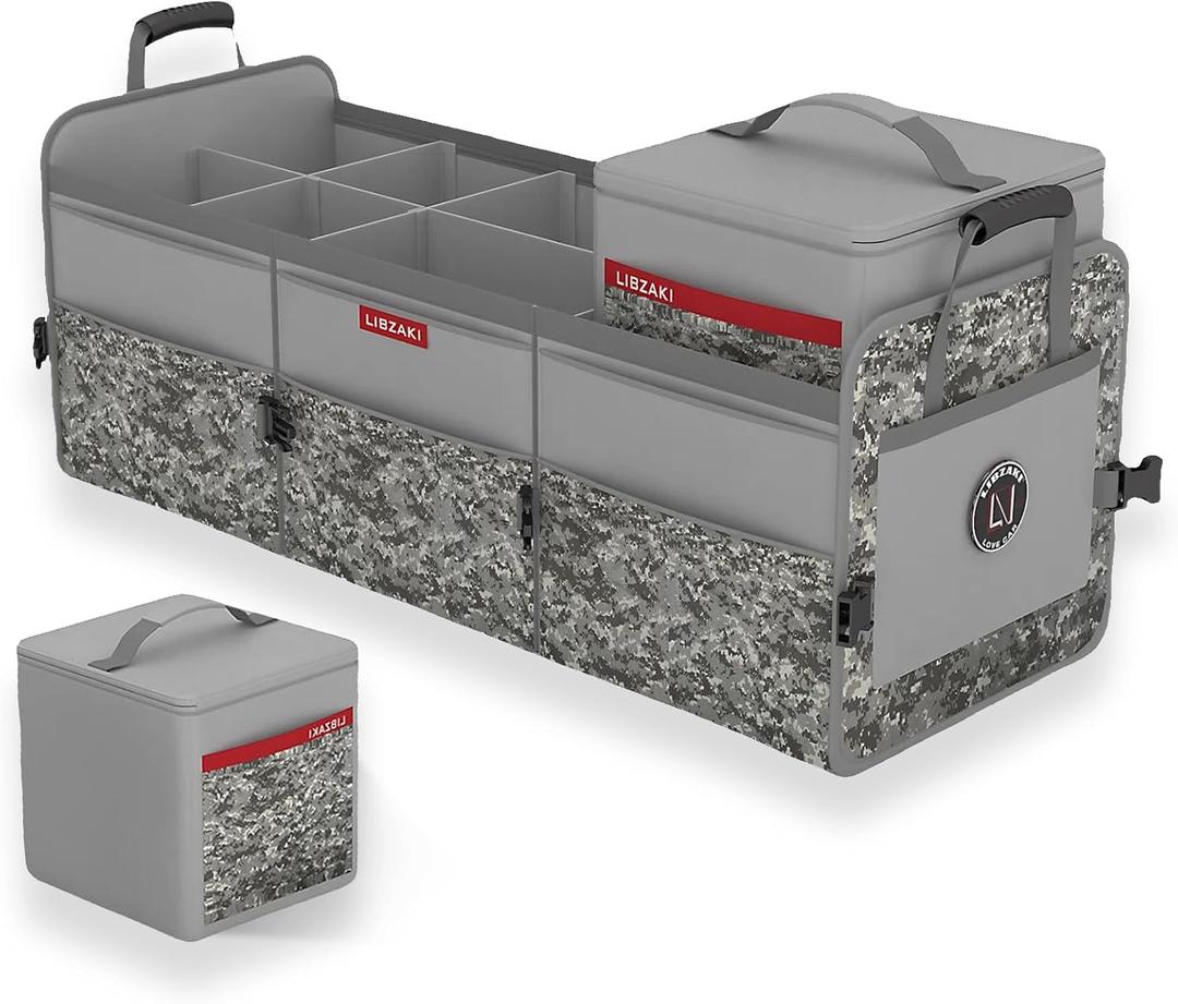 LIBZAKI Car Trunk Organizer,3 Compartments Big Trunk Storage, Large Capacity, Foldable, 95L Heavy Duty Storage Box for Car, SUV, Truck,Jeep, Includes 26L Cooler Bag -Gray Camouflage (Oversize With Built-in Cooler Bag)