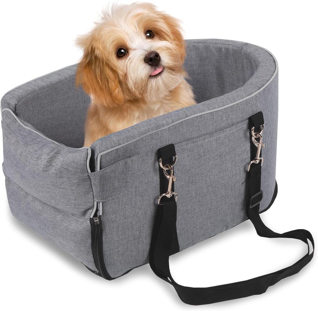 Dog Center Console Seat for Small Dogs & Puppies - Anti-Collapse Pet Car Seat with Soft Cushion, Safety Belt - Portable Armrest for Dogs & Cats Under 15 lbs(Grey)