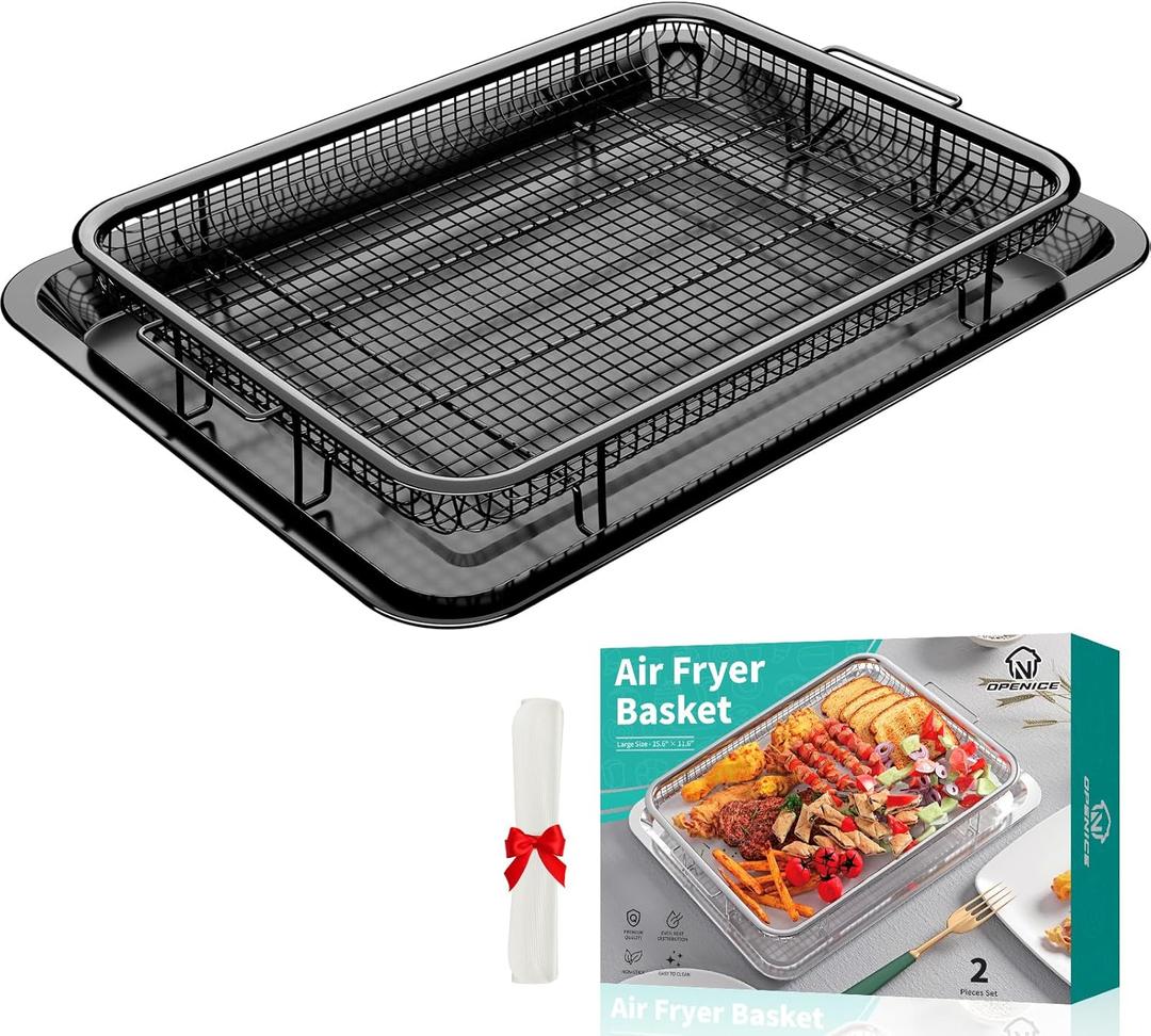 Air Fryer Basket for Oven, OPENICE 15.3" x 11.0" Air Fryer Tray and Pan Set with 30PCS Parchment Papers, Stainless Steel Oven Air Fryer Basket and Tray for Baking Grilling - Black