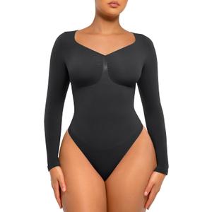 FeelinGirl Women's Long Sleeve Bodysuit for Tummy Control Seamless Body Suits Thong V Neck Going Out Tops (X-Large, Black)