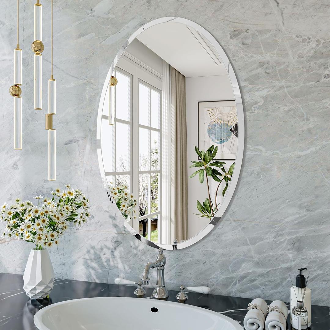Frameless Oval Mirror, 16"x24" Beveled Oval Bathroom Mirrors, Wall Mounted Vanity Mirror for Bedroom, Entryway, Living Room, Hangs Horizontally or Vertically