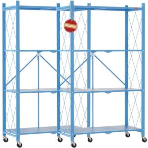 DEANIC 4 Tier Foldable Storage Shelves with Wheels, Large Capacity Shelving Unit, Freestanding Metal Wire Shelf Rack, No Assembly Organizer Rack for Garage Kitchen, Basement, Pantry(Blue Pack of 2)