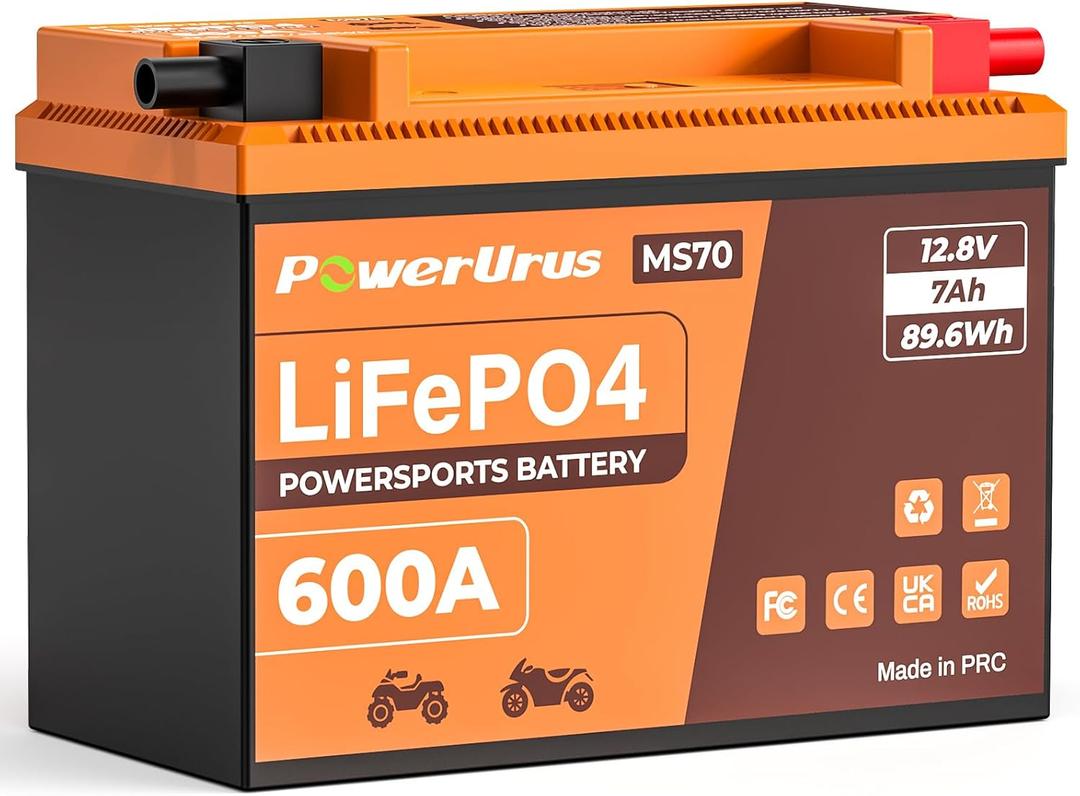 Lithium Motorcycle Battery, PowerUrus 600A Lithium LiFePO4 Motorcycle Battery, 12V 7Ah Powersports battery, ATV, UTV, Jet Ski, Quad, PWC, 4 Wheeler, Lawn Mower, Tractor, Generator Batteries