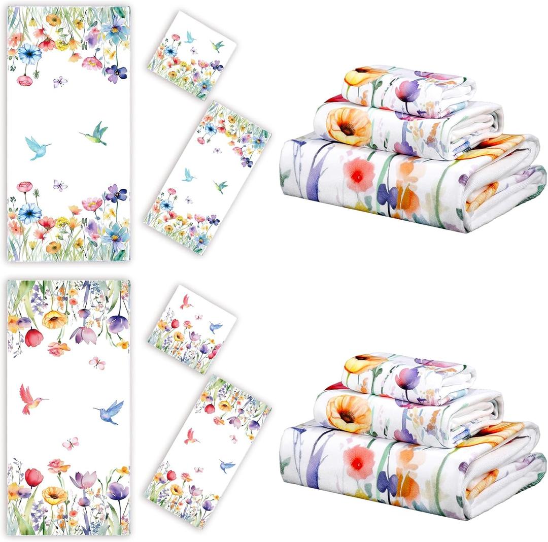 VitalCozy Set of 6 Wildflower Bathroom Towel Absorbent Soft Hand Towels Decorative Guest Bathroom Towel Set, 3 Sizes(Spring Flower)