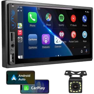 Double Din Car Stereo Compatible with Apple CarPlay and Android Auto - 7inch HD Touchscreen Car Audio Receivers with Bluetooth, Mirror Link, Backup Camera, SWC/USB/AUX/TF/Subwoofer, FM Car Radio