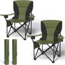 Heavy Duty Folding Chair 500LB Capacity, Oversized Camping Chairs with Cup Holder, Cooler Bag & Storage Pouch, Double-Layer Fabric, Outdoor Chairs for Sports, Lawn Chairs (2, Black Green, Oversized)