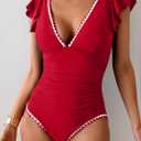 Aidonger Women's One Piece Ruffle Swimsuit Tummy Control Bathing Suit V Neck Shell Stitched Swim Suit Slimming Swimwear (Red, M)