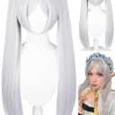 Half and Half Frieren Cosplay Costume Wig 27'' Light Grey Anime Ponytail Wigs with Bangs Silver White Twin Tails Wig for Women Halloween Party