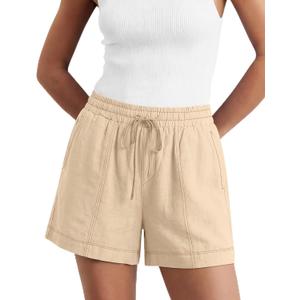 LOMON Women's Casual Linen Shorts Elastic Waisted Drawstring Summer Shorts with Pockets, Apricot Medium 