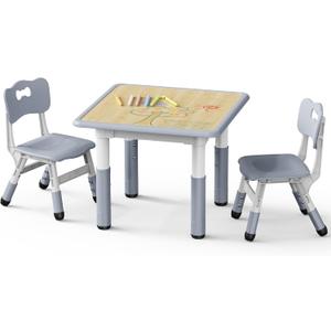 Brelley Kids Table and 2 Chairs Set, Height Adjustable Toddler Desk and Chair Set, Graffiti Desktop, Classroom/Daycare/Home, Children Multi-Activity Table for Ages 3-8 (Grey)
