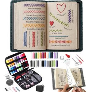 Embroidery Stitch Book Kit for Adults & DIY Craft Lovers,Portable Embroidery Kit for Beginners Enthusiasts,Includes Guide to 106 Patterns with Tools & Tutorials and 86-Piece Sewing Tool Kit(1 Set)