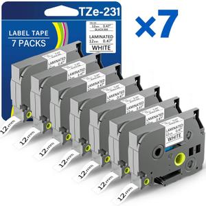 TZE-231 Compatible for Brother Label Maker Tape 12mm 0.47 Laminated Black on White 1/2" x 8m Replacement for TZ TZE TZE231 Tape for P Touch PT-D220 D220 PT-D210 PT-H110 PT-D200 PT-D400 D410 (7 Packs)