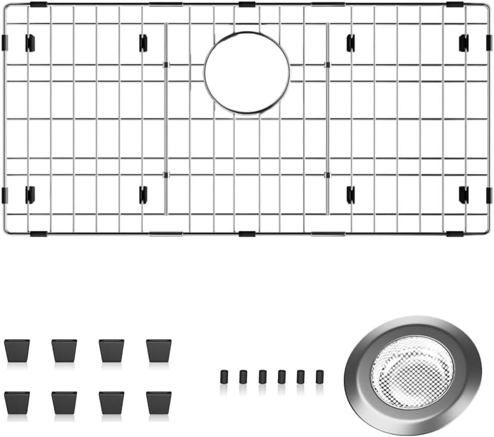Sink Protectors for Kitchen with Sink Strainer, Sink Grate for Bottom 28.4" X 14.2", Stainless Steel Sink Bottom Grid Rear Drain Hole