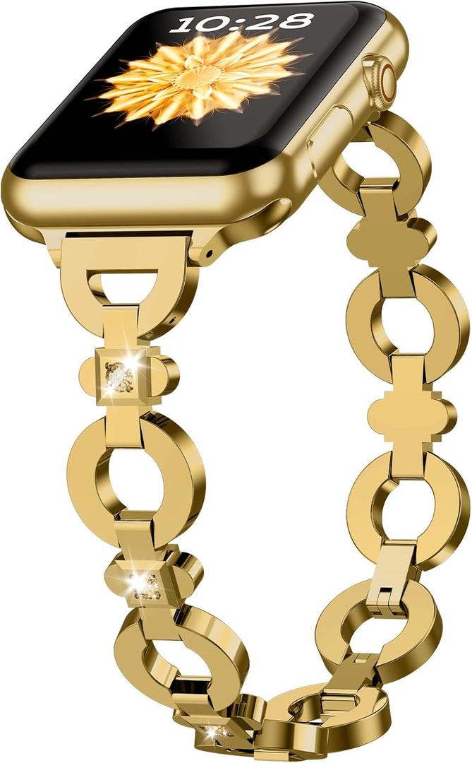 TAURI Metal Band for Apple Watch Bands 38/40/41/42mm, Adjustable Bling Diamonds Strap Fashion Cute Chain Thin Bracelet for iWatch SE 3/2, Series 9/8/7/6/5/4/3/2/1, Women- Gold