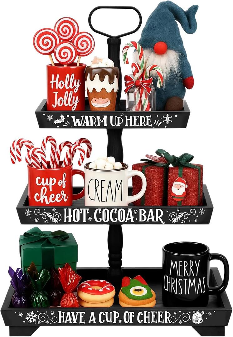 Christmas Hot Chocolate Bar Wood Cocoa Station Decorative Storage Box 3 Tier Chocolate Station Farmhouse Christmas Decorations for Home Office Kitchen Winter Gift (Black)