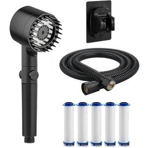 Ion Drops Filtered Shower Head with 59" Stainless Steel Hose, 5 Filter Cartridge and Angle-adjustable Bracket, 4 Spray Modes High Pressure ShowerHead with ON/OFF Switch (Black)