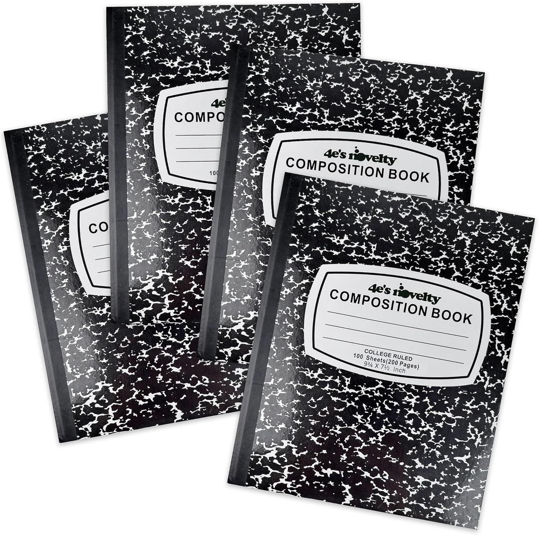4E's Novelty College Ruled Composition Notebooks 4 Pack - Hard Cover 100 Sheets 9.75" x 7.5" for Notetaking, Black Marble Bulk Compositon Book, Back to School Supplies For Students Boys Girls & College by 4Es Novelty