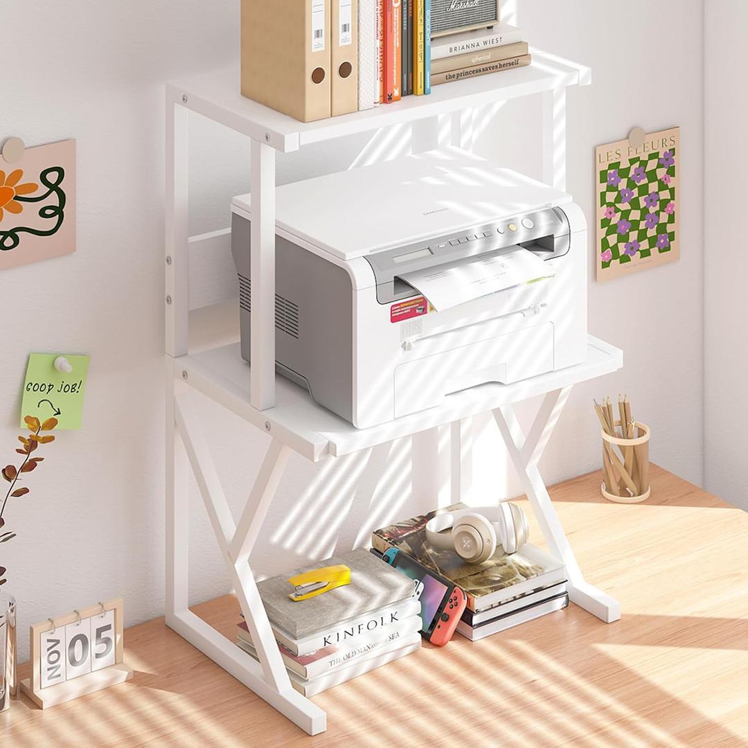 aboxoo Desktop Printer Stand with 3 Tier Wood Storage Shelves,Under Desk Printer Table,Multi-Purpose Home Office Desk Organizer for Fax Machine, Scanner (White) (Standard)