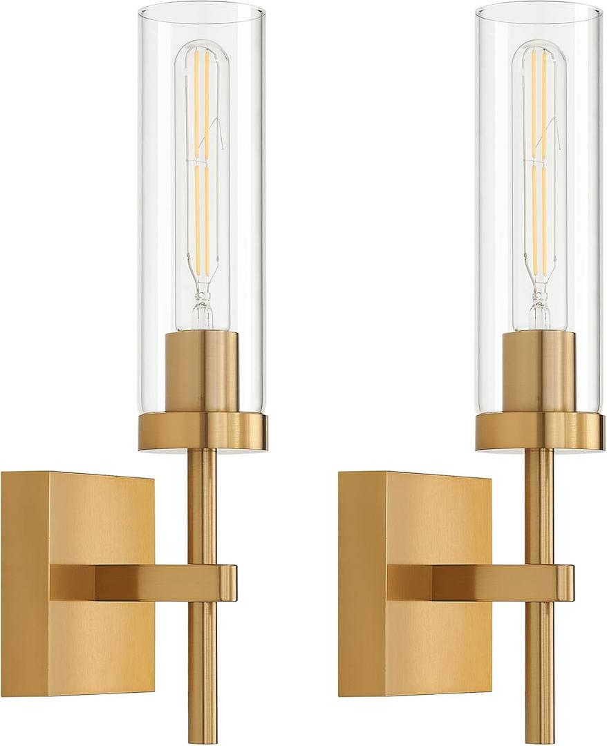 Gold Battery Operated Wall Sconce Set of 2, Wireless Wall Sconces with Remote Control, Rechargeable LED Dimmable Wall Light for Bedroom Bathroom Hallway Living room Entryway Stairwell, 3000K ((Battery) Brushed Gold & Clear Glass)