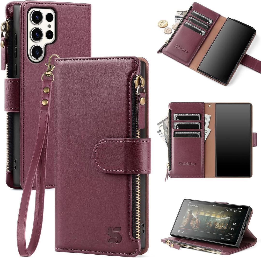 Shieldtop Compatible with Samsung Galaxy S23 Ultra 5G Wallet Case with Card Holder,Women Men RFID Blocking PU Leather Phone Case Flip Protective Cover Wrist Strap Zipper Credit Card Slots,Wine Red