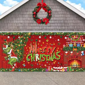 Christmas Garage Door Cover Red and Green Xmas Backdrop Hanging Sign Winter Seasonal Holiday Decor Merry Christmas Decorations for Garage Door
