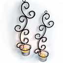 Lilys Home Deco Swirl Wall Sconce Tea Light Candle Holders, Steel, Black, Set of 2, with 2 Clear Glass Tealight Candle Holders