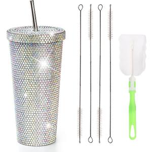 27 OZ Bling Diamond Tumbler, Glitter Tumbler with Straw and Lid, Sparkly Stainless Steel Thermal Drinking Water Cup, Rhinestone Water Bottle with 1 Pcs Brush & 4 Pcs Straw Brushes for Women