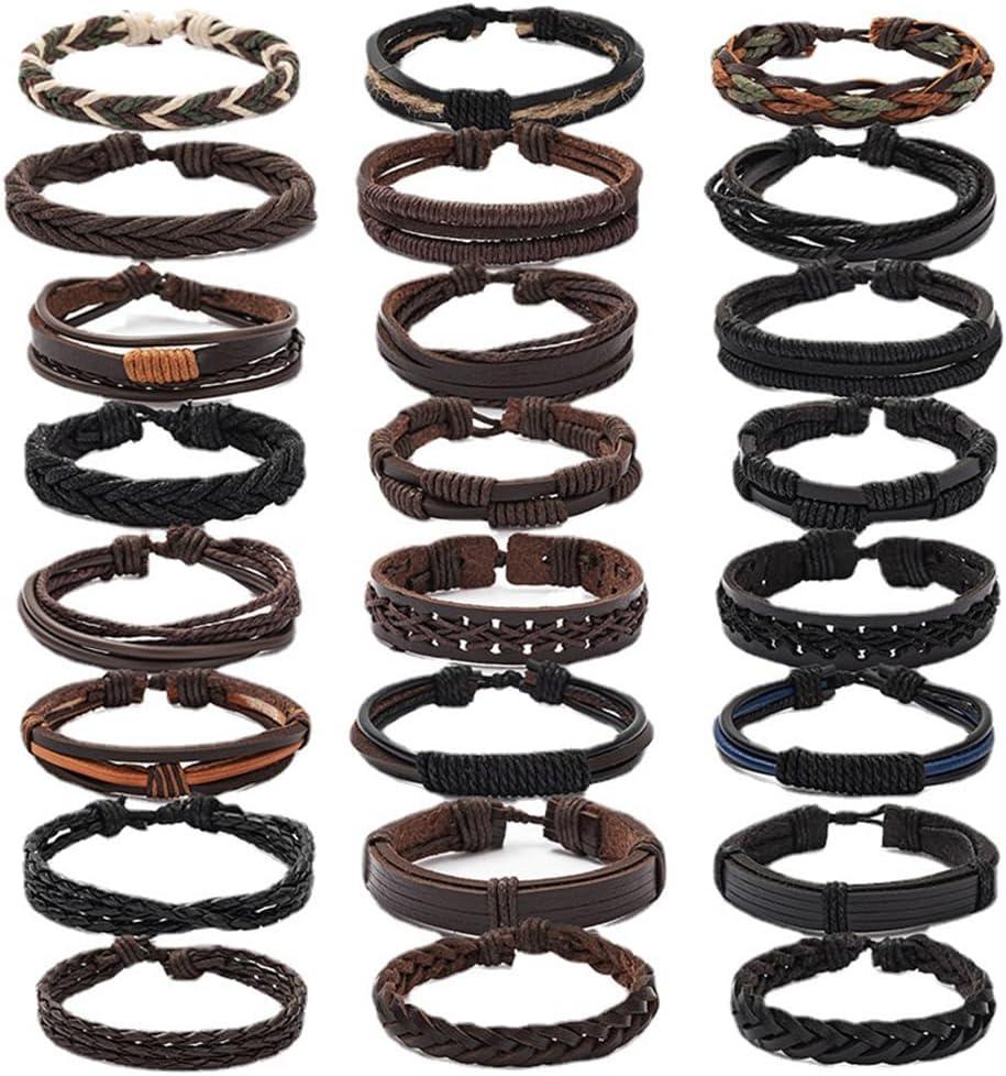 PINKPIN Adjustable Braided Leather Bracelets for Men Women Wrap Cuff Bracelet Cords Ethnic Tribal Handmade Wrap Wristband Bracelets Set