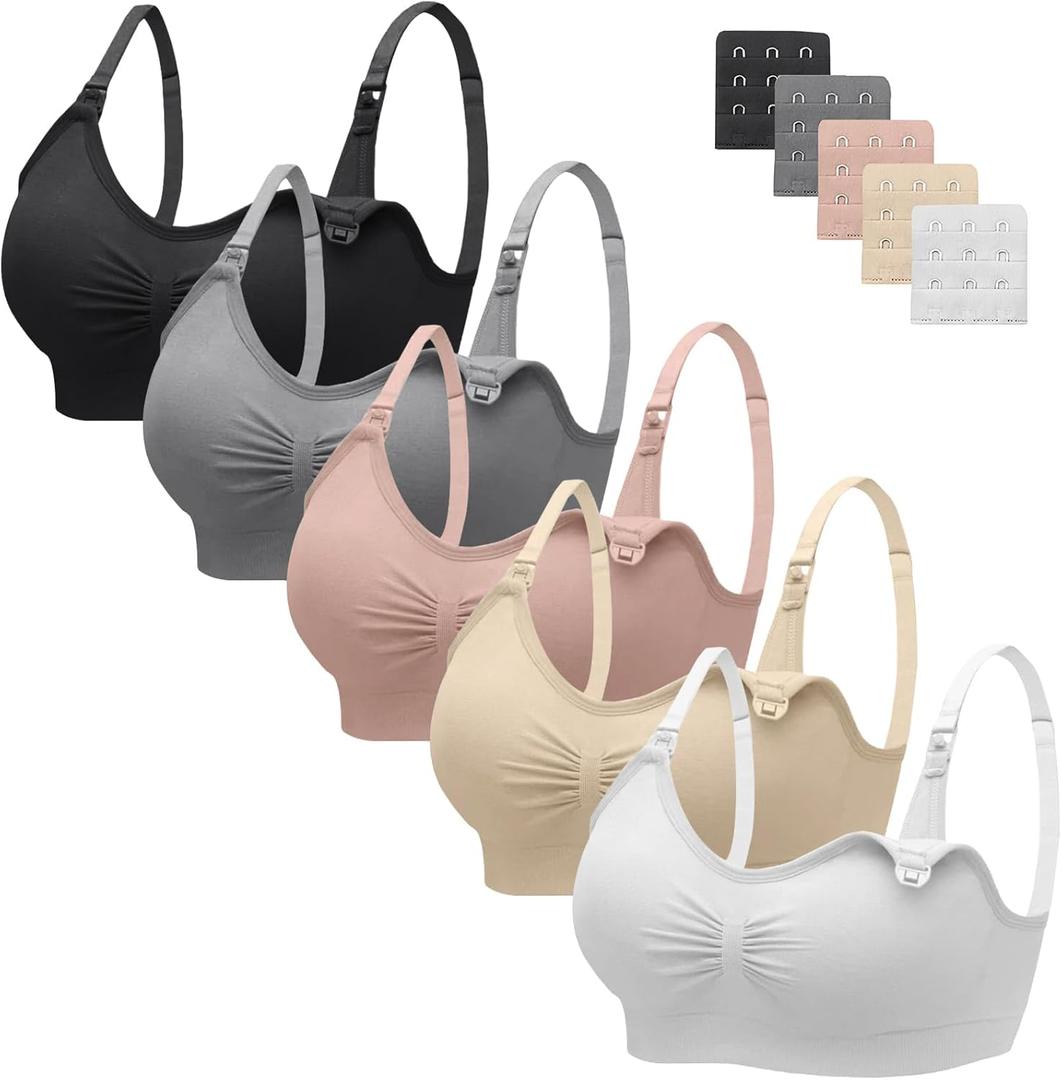 Angelhood Nursing Bra 5 Pack Womens Maternity Breastfeeding Seamless Wireless Sleep Bra with Extenders (Medium)