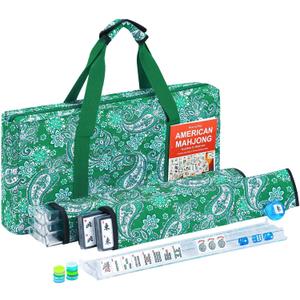 American Mahjong Tile Set, 166 White Tiles Mahjong Set, 4 Transparent All-in-One Rack/Pushers, Travel Game Set with Green Printed Carrying Bag