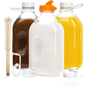 64oz Heavy Duty Glass Milk Bottle with Handle and Airtight Reusable Lids,3Pack Glass Milk Container for Refrigerator,Juice Jugs With 2 Exact Scale Lines