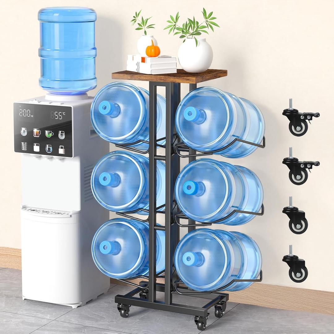5 Gallon Water Jug Holder,3 Tier Foldable Heavy Duty Water Jug Stand Water Bottle Holder Organizer with Lockable Casters Water Dispenser Stand Rack with Removable Wood Top Shelf for 6 BottlesBrown