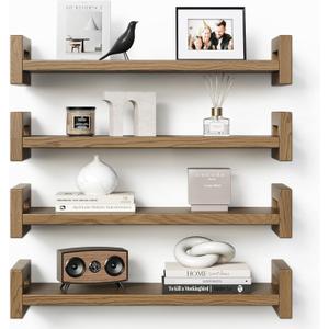 Vailando Floating Shelves for Wall, Set of 4 Solid Wood Wall Mounted Shelves, 16" Rustic Walnut Display Shelf with Reinforced Hardware for Bedroom, Living Room, Bathroom, and Kitchen Decor
