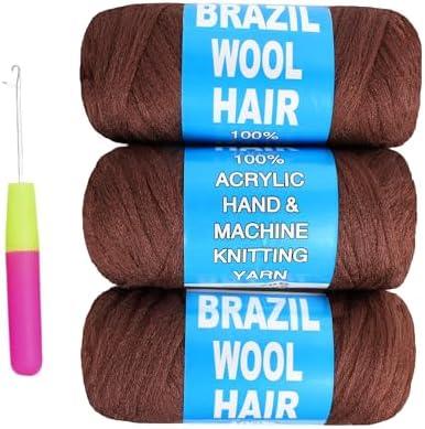 4 Roll Natural Brazilian Wool Hair Yarn Hair for Jumbo Braids Braiding Hair for Soft Locs Faux Locs Goddess Locs Hair Extension Senegalese Twist Crochet Hair for Black Women(Brown,4Roll)