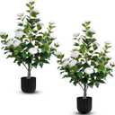 Hananona 2 Pcs Artificial Camellia Trees Faux Camellia Plant in Pot with Flowers Indoor Plants for Spring Home Decor Outdoor Porch Front Door Decor (White, M)