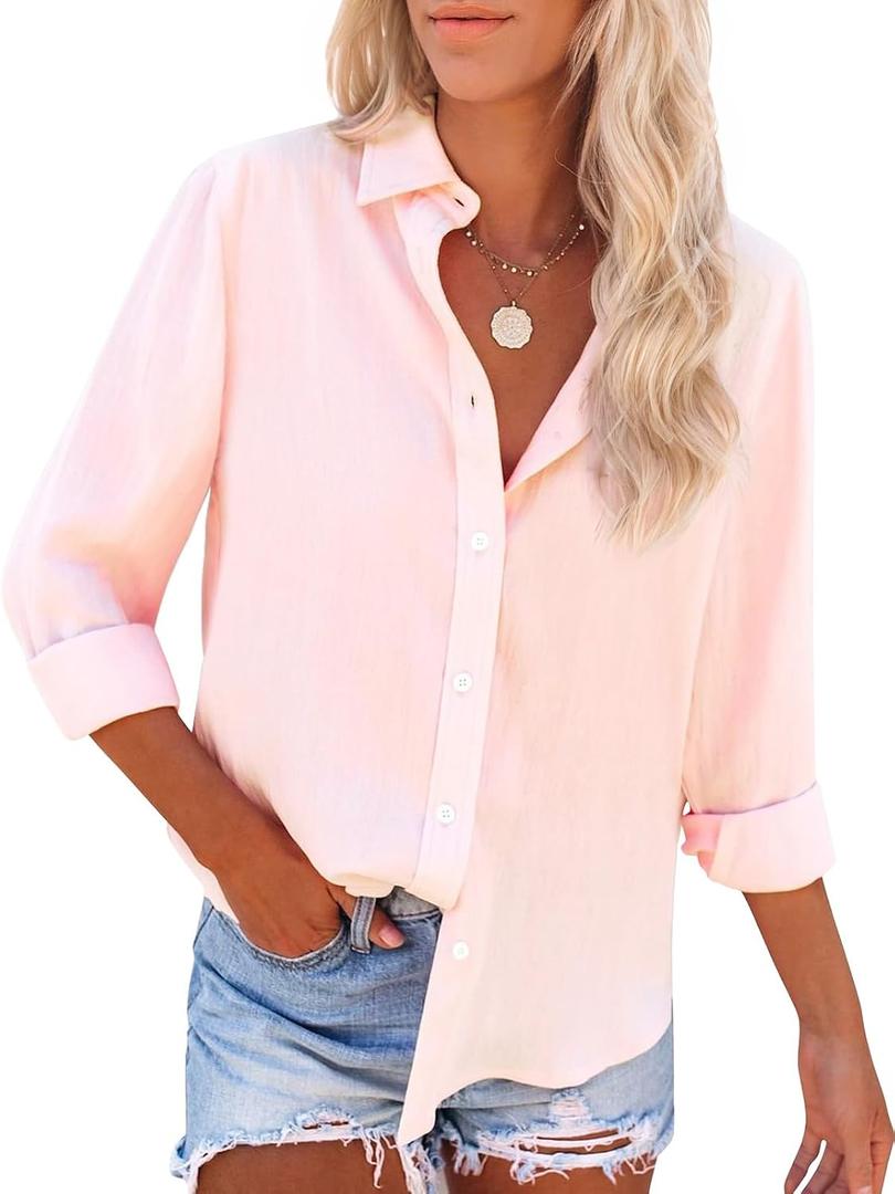 siliteelon Womens Oxford Button Down Shirt Long Sleeve Cotton Dress Shirt Collared Blouse Business Casual Work Tops -  XL