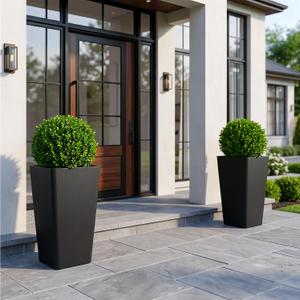 KOL Planters for Outdoor Plants, 20 Inch Tall Black Flower Pots 2 Pack, Large Plastic Plant Pots with Drainage Hole and Dual-Purpose Tray, Decorative Indoor Planter for Front Porch Patio Garden