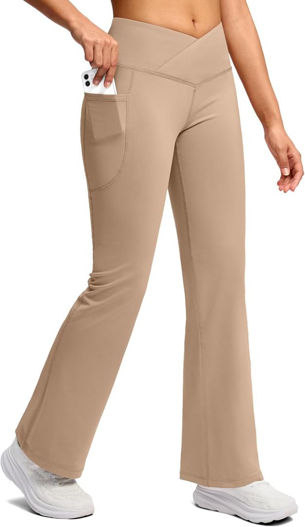 SANTINY Women's Fleece Lined Pants with Pockets Crossover Yoga Pants  Thermal Warm Flare Leggings for Women (32L, Khaki)