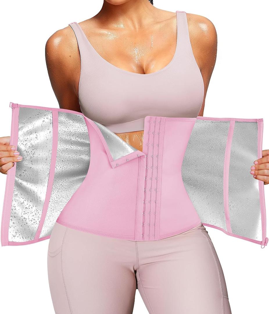 Nebility Waist Trainer for Women Corset Shapewear with Zipper Sweat Waist Trimmer Faja Body Shaper Workout Waist Cincher (Pink)