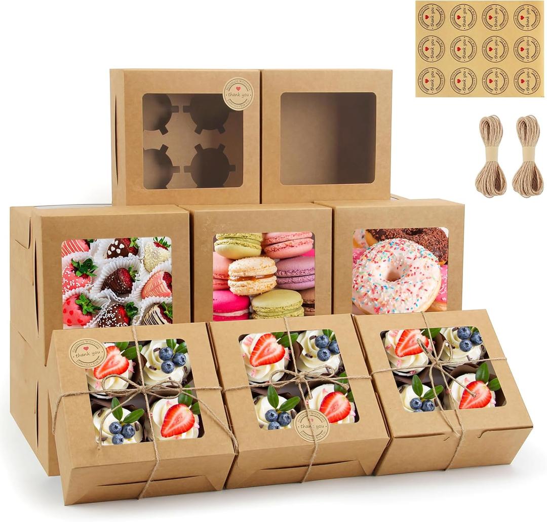 OAMCEG 50 PCS Cupcake Boxes with Window, 6x6x3 Inch Cookie Boxes, Brown Bakery Containers for Pastry, Dessert, Chocolate Strawberries, Treat Boxes with Stickers & Jute Twine