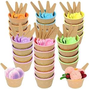 Hbaushun 20 Pack Plastic Ice Cream Bowls with Spoons,Reusable Plastic ice Cream Cups,Cartoon Candy Colorice Cream Bowls Set for Sundae Frozen Yogurt Summer Holiday Parties