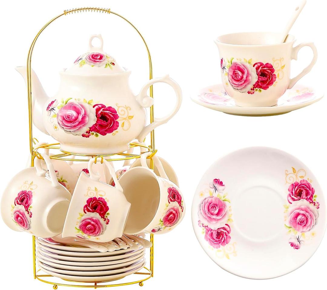 20-Pieces Porcelain Tea Sets For Women, Tea Set For Adult with Golden Metal Rack,Tea Gift Sets for Home&Party(014)