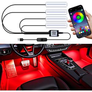 Car LED Lights Interior, RGB Under Dash Foot Well Lighting Kit with DIY Mode, Mult-Color Light for Car with APP Control and Button Control, Music Sync USB 5V DC