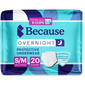 Because Overnight Absorbency Pull Ups - Adult Disposable Incontinence Underwear, Extra Absorbent Nighttime Briefs for Men and Women, White, Small/Medium, 20 Count