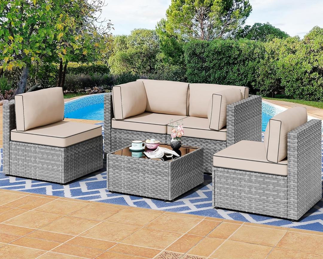 Shintenchi 5 Pieces Outdoor Patio Furniture Sets, Patio Sectional Sofa Couch, Gray PE Wicker Furniture Modular Patio Conversation Sets Patio Sofa with Washable Cushions & TableKhaki