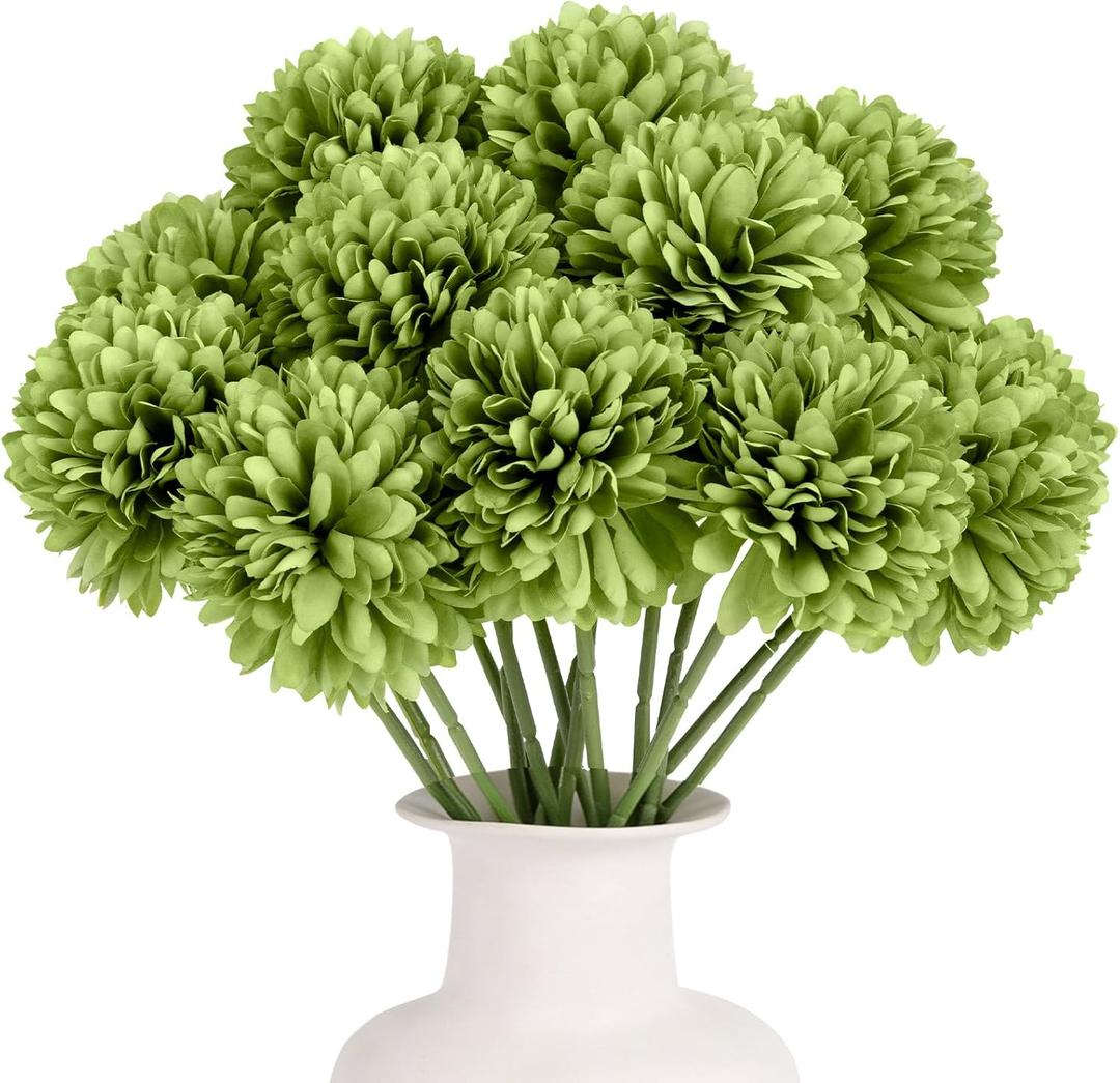 2 x 15 Pcs Artificial Chrysanthemums Flowers Green Flowers Silk Ball Flowers Fake Mums Flower with Stem for St Patricks Day Outdoor Wedding Table Centerpiece Home Decor